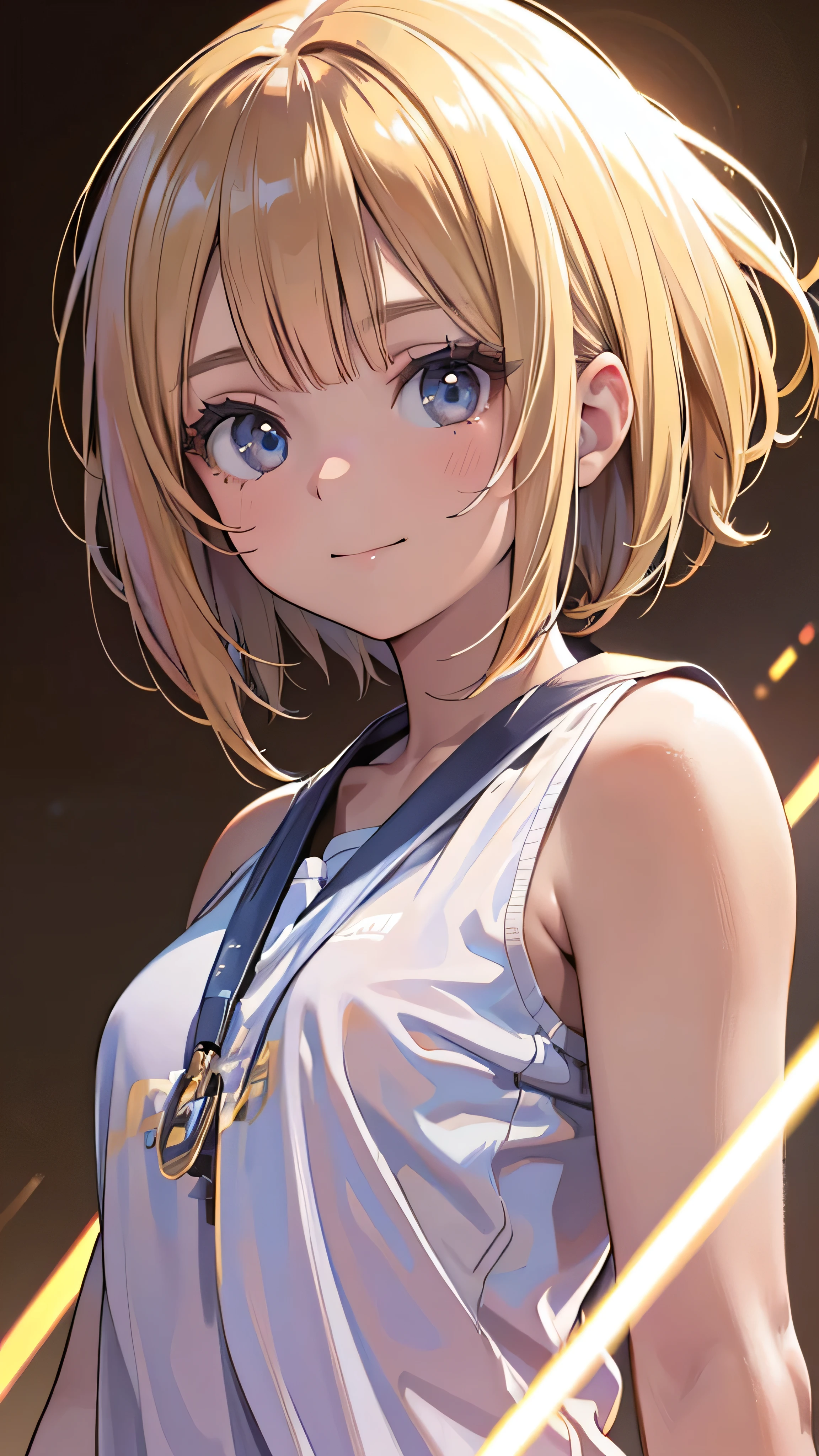 Official Art, wallpaper, Very detailed, (((Very detailedな目と顔))), Realistic portraits, (Highest quality, masterpiece, High resolution), (High resolutionスキン: 1.2), 8K Ultra HD, Backlight, Background Blur, smile, One Girl, Girl in white shirt, beautiful girl, Attractive and beautiful, Beautiful face and perfect skin, Diffused, Natural skin glow, Attractive and beautiful, Enveloped in golden light, Gorgeous and attractive face, Soft Golden Hour Lighting, natural beauty expressive pose, Soft golden light, Attractive girl, beautiful girl, Golden Background, 10 years old, Bobcut, Dynamic Angle