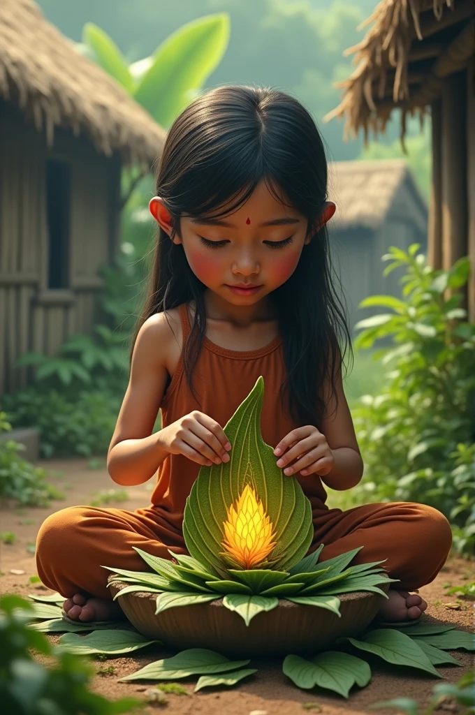 Poor village girl making idol of God from mango leaves