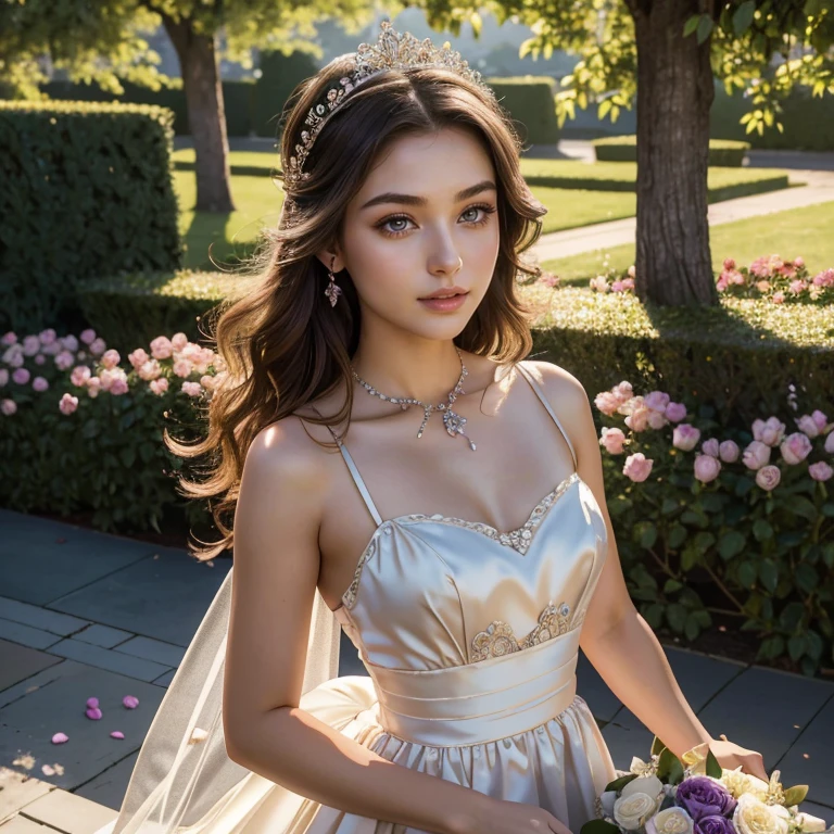 (masterpiece, best quality:1.5), highest quality, High resolution, super detailed, Realists, Upper body photo of a 22 year old brunette flower girl, detailed and beautiful eyes, beautiful detailed lips, very detailed eyes and face, longeyelashes, 22-year-old woman in a purple short dress made of shiny satin fabric, Beautiful and colorful makeup, elegant and noble々Pose,shiny satin headband, grind, Holding flowers, Gardens as background, soft daylight, bright colors, fine brushstrokes, Portrait style, Noble details in the dress fabric, beautiful color palette, glowing skin, First-class rendering, that captures every detail, enchanting atmosphere, subtle shadows and lights, (perfect anatomy:1.2), (The stunning 22-year-old flower girl carries a basket of rose petals. Looks surprised (magnificent panorama view:1.2)