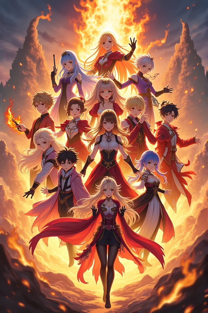 10 fire characters designed in the style of Genshin Impact