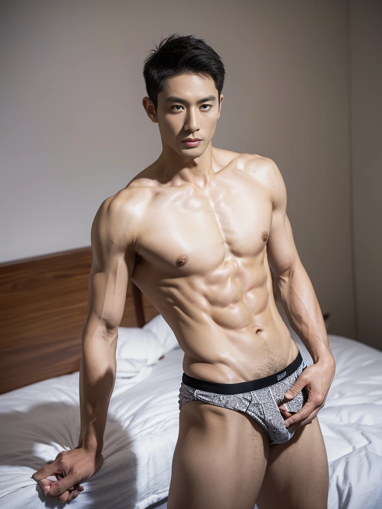 Chinese male actor in a micro thongs, handsome Chinese guy, handsome man, Full Body Shoot, photoshoot, portrait, look at camera, detailed facial parts, lifted arms, Manly, Charmer, Active Boy, standing, top tied up with rope, rope bondage, strangled with rope, harness, wrapped in leather straps, anguished expression, perfect anatomy, symmetric body, asian boy 30years old, shirtless :: high detail, asian, a little six packs attractive body, realistic, human skin, Short Hairstyle, handsome chad chin, shirtless, handsome, attractive, slightly muscular man, masculine, sexually attractive, human skin, (eyes contact), Handsome, Attractive, bulge in briefs, The crotch is raised