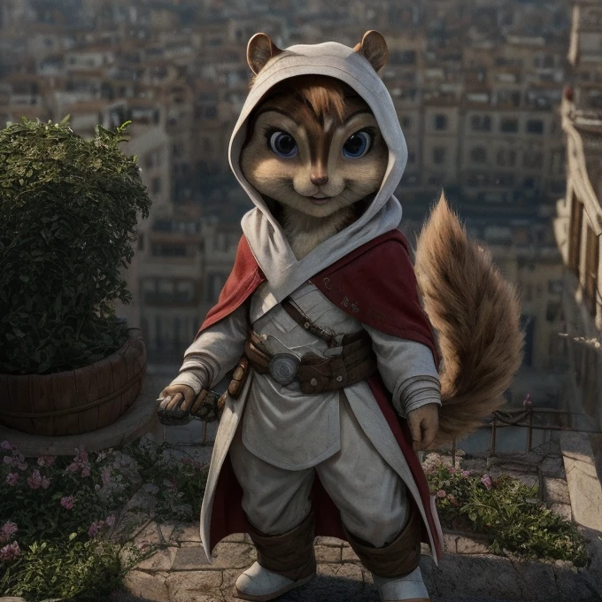 score_9, score_8_up, score_7, score_6, Florence, brittany miller, chipmunk, furry, short ears, white Assassin's Creed robe, white hood on head, hidden blade, white cape, white pants, sword on the side, white gloves, white boots, looking at viewer, 6 inches tall