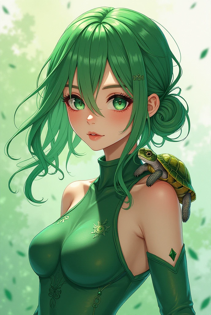 A captivating female with vibrant green hair and fascinating anime-inspired features. The topic is confidently pristine, Her lush tide-green dress with plunging neckline, a turtleneck and delicate emerald accents , creating an enchanting world of shades The intricate details and the enigmatic character cartoon fashion watercolor high stockings green tones bump and a little turtle on her shoulder
