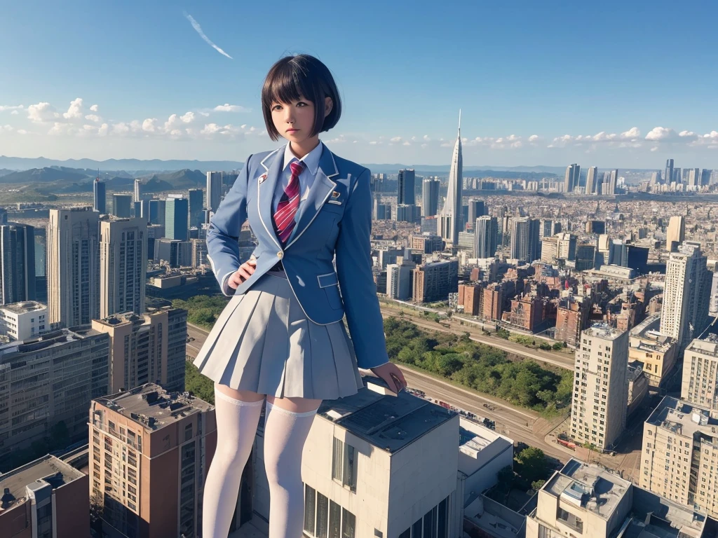 Super Giant Girl Art, Surreal school girl, Highly detailed supergiant shot, Extremely huge woman, short hair, White Pantyhose, A gigantic high school girl towers high into the sky, looking down on me、Much larger than a skyscraper, Very detailed depiction, Light blue blazer, Grey tie, Blue mini skirt, White Pantyhose, very small metropolis, Miniature metropolis, 足元までの高さしかないMiniature metropolisで, A gigantic high school girl squats down and destroys a building, Full body description, Hmph, Giga Giants, Terra Giants, White Pantyhose, Pantyhose legs, Pantyhose Legs, ,Stomping City,Crush City,Small Town,Micro City, Ability to clone, 10 people, increase, Lots of giant high school girls