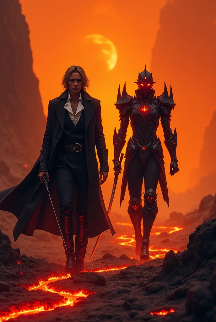 Voltex and Valis traverse a desolate, lava-filled wasteland, their silhouettes cutting through the searing heat. Voltex, dressed in a long black coat and white noble shirt, moves with an air of serene determination, his dark sword reflecting the fiery glow of the molten landscape. Valis, in gothic black armor adorned with blood-red gemstones, strides alongside him, his red eyes blazing with chaotic energy. The ground beneath them is scorched and cracked, with streams of molten lava flowing and adding to the oppressive atmosphere of their perilous journey.
