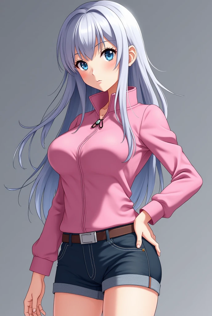 She is cosplaying as Elizabeth from the anime The Seven Deadly Sins.、Hair color is silver、Blue Eyes、Please wear pink clothes that emphasize the bust and dark jeans that are quite short.。Please generate an image that shows the whole body and resembles the real model, Rika Izumi。Don't generate it in 2D, make it 3D。