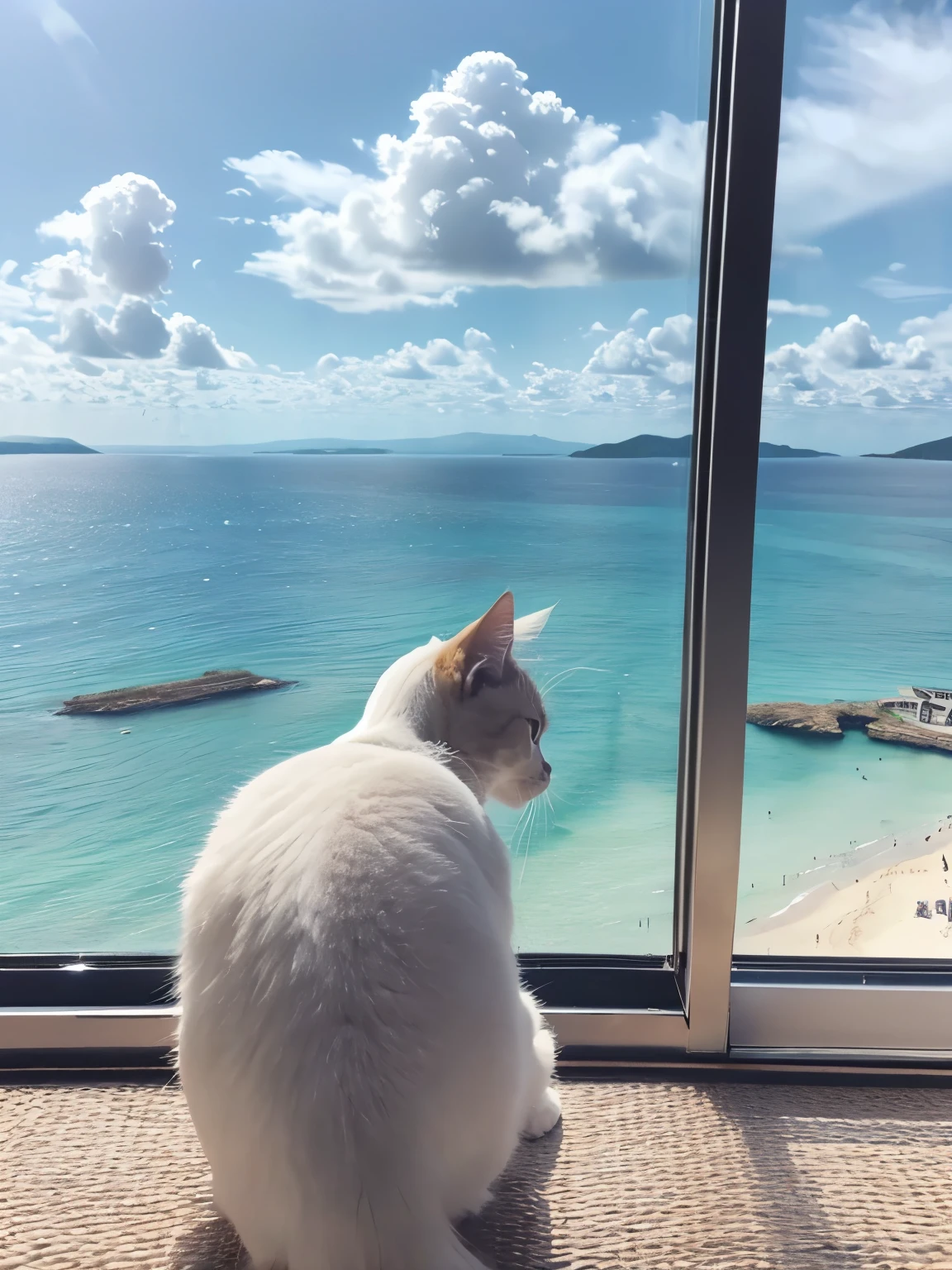 Kitten looking at the view from the roof、Summer beach、Beautiful sea、blue sea、blue sky、sunny、Summer Clouds