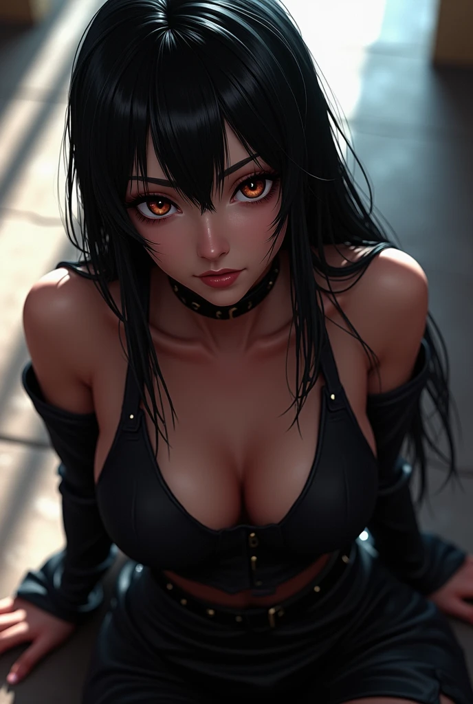 girl, woman, emo_hairstyle, black lipstick, collar, Eyeliner, eyeshadow, smoky eyes, realistic lighting, short hair, get up, Succubus, The Devil's Costume, bikini, horns, Devil's Tail, Nagatoro