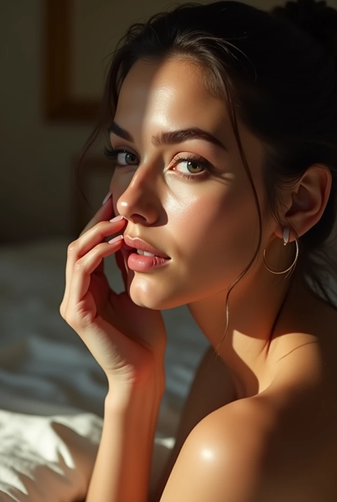 a seductive woman, detailed realistic face, beautiful detailed eyes, beautiful detailed lips, extremely detailed face and skin, detailed hands on table, seducing pose, crotch lean on the table, forward leaning posture, face down, masturbating, realistic, photorealistic, 8k, highres, best quality, ultra-detailed, physically-based rendering, extreme detail description, vivid colors 