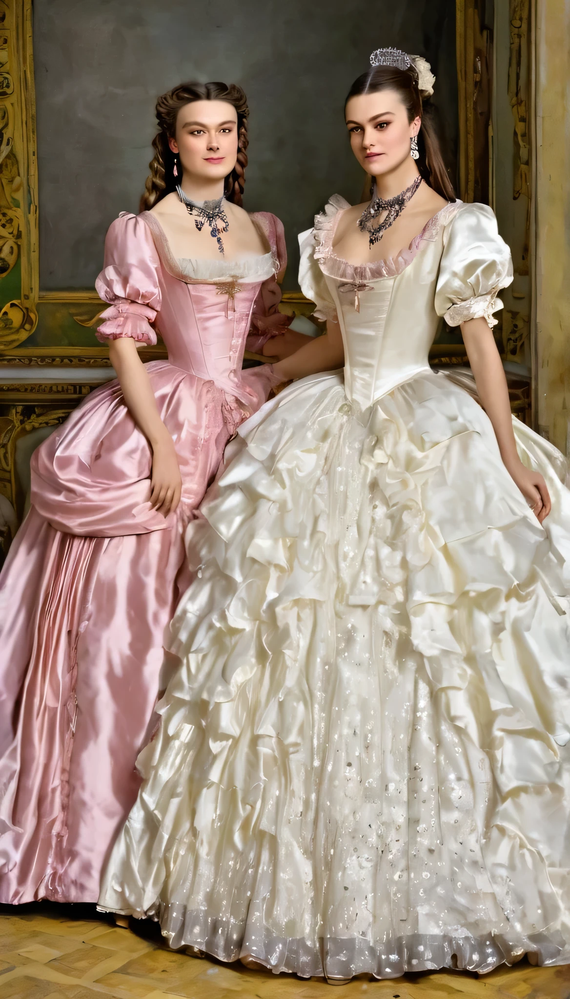 Two smiling women showing at the viewer, Whole body photo of a woman, In the mid-16th century, the neckline disappeared and raised collars appeared. Shoes and fluffy skirts are in fashion; real fashionistas and fashionistas began to use perfume. Later, France begins to dictate fashion again. Laws of beauty appear, and the whole world follows the example of French women. The first editions of style and fashion appear. In the 18th and 19th centuries,(whole body),fashion included: front sights, wigs, women's corsets, and the Rococo style.full body photography, big breasts, very long eyelashes, long diamond earrings,  big diamond collar, ruffled dress, puffy sleves,satin dress,silk dress,4k, 8k,high resolution,pink dress,keira knightley, realistic face