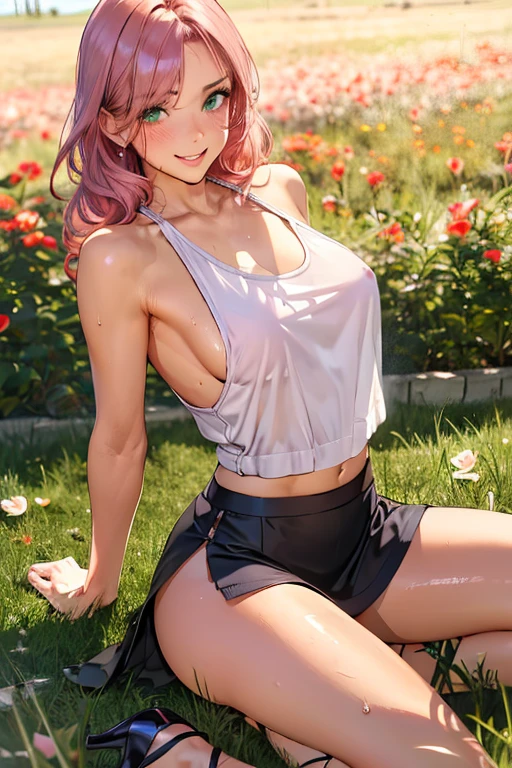 Best Picture, Masterpiece, 4K, High Quality, One Adult
Woman. The woman has pink hair. Her hair is bobbed, wavy. Long slit eyes, green eyes,
Model like beauty, perfect proportions. Perfect legs. Perfect arms. Tank top and tight mini skirt. High heels. 

She has a blush on her cheeks and a mischievous smile on her face.

Even over clothing, one can see the large, full breasts and erect nipples.In the grass of the meadow, (In a grassy field, a woman iArms, later, are folded, chest arched. A large dog is holding her from behind. Silk underwear. A complete body. Perfect hands and legs. Beautiful body, beautiful legs. Beautiful hands. Perfect body, perfect legs. Perfect hands. Face to front focus.
The woman's tank top is wet with sweat and her clothes are skewed, so you can see her breasts and nipples. Sweat is soaking through.
The woman has a blush on her cheeks and a shy smile on her face. One adult woman and one big dog.



(The skirt is very short.)


(Very short skirt)


(The skirt is very short.)


（The skirt is very short.

