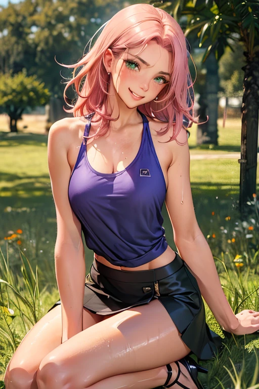 Best Picture, Masterpiece, 4K, High Quality, One Adult
Woman. The woman has pink hair. Her hair is bobbed, wavy. Long slit eyes, green eyes,
Model like beauty, perfect proportions. Perfect legs. Perfect arms. Tank top and tight mini skirt. High heels. 

She has a blush on her cheeks and a mischievous smile on her face.

Even over clothing, one can see the large, full breasts and erect nipples.In the grass of the meadow, (In a grassy field, a woman iArms, later, are folded, chest arched. A large dog is holding her from behind. Silk underwear. A complete body. Perfect hands and legs. Beautiful body, beautiful legs. Beautiful hands. Perfect body, perfect legs. Perfect hands. Face to front focus.
The woman's tank top is wet with sweat and her clothes are skewed, so you can see her breasts and nipples. Sweat is soaking through.
The woman has a blush on her cheeks and a shy smile on her face. One adult woman and one big dog.



(The skirt is very short.)


(Very short skirt)


(The skirt is very short.)


（The skirt is very short.

