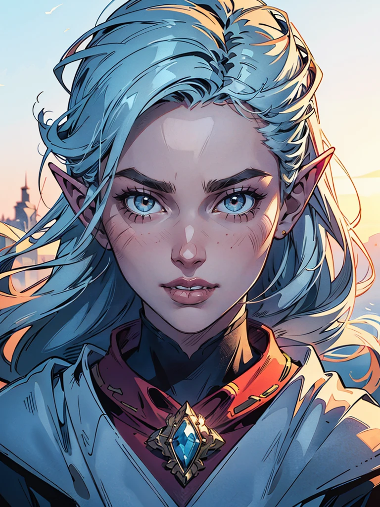 (best quality,4K,8k,high resolution,masterpiece:1.2), Super detailed, (actual,lifelike,photorealistic:1.37),Perfect work，backlight，（frozen rime：1.37，refracted light，Frost，transparent，（Stylized female elf,elf earright Eyes，Sharp teeth，white hair，messy hair，wing。），HDR，UHD，light，super fine painting，sharp focus，Physically based rendering，Extremely detailed description，major，Vibrant colorlur background。 Art style：portrait，Fantasy，magical creatures，Cold tones，Ethereal atmosphere。