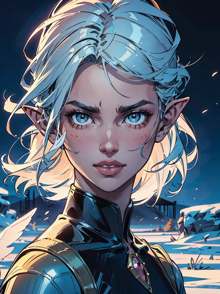 (best quality,4K,8k,high resolution,masterpiece:1.2), Super detailed, (actual,lifelike,photorealistic:1.37),Perfect work,backlight,(frozen rime:1.37,refracted light,Frost,transparent,(Stylized female elf,elf earright Eyes,Sharp teeth,white hair,messy hair,wing。),HDR,UHD,light,super fine painting,sharp focus,Physically based rendering,Extremely detailed description,major,Vibrant colorlur background。 Art style:portrait,Fantasy,magical creatures,Cold tones,Ethereal atmosphere。