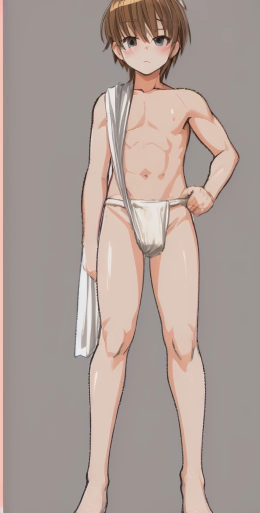 A slightly tall elementary school boy is standing with a white loincloth wrapped around his crotch.。Oblique angle。