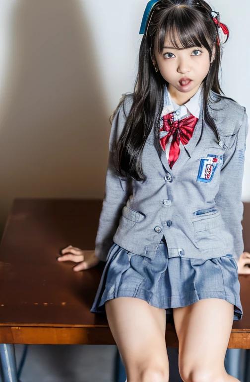 (8k, Highest quality, masterpiece: 1.5), (Realistic, photoRealistic: 1.5),　(((Ahegao: 1.2))), ((Tongue out)), (Childish face: 1.2), (((Full Body Photo 1.5))), (((Japanese schoolgirl: 1.6))), ((Grey no-tuck mini skirt:1.5)) , ((Gray High School Blazer)), ((Red ribbon around neck)), ((Neat no-tuck Keio skirt)), (((spread your legs to the sides,))), ((Front image:1.2)), (((Fresh legs))), Tongue out, ((Cross-eyed: 1.2)), In the classroom after school, (((Sitting panty shot))), ((Full body shot from above 1.5)), Down to the toes, (((視聴者に向けてAhegao)), (((Realistic schoolgirl uniform))),