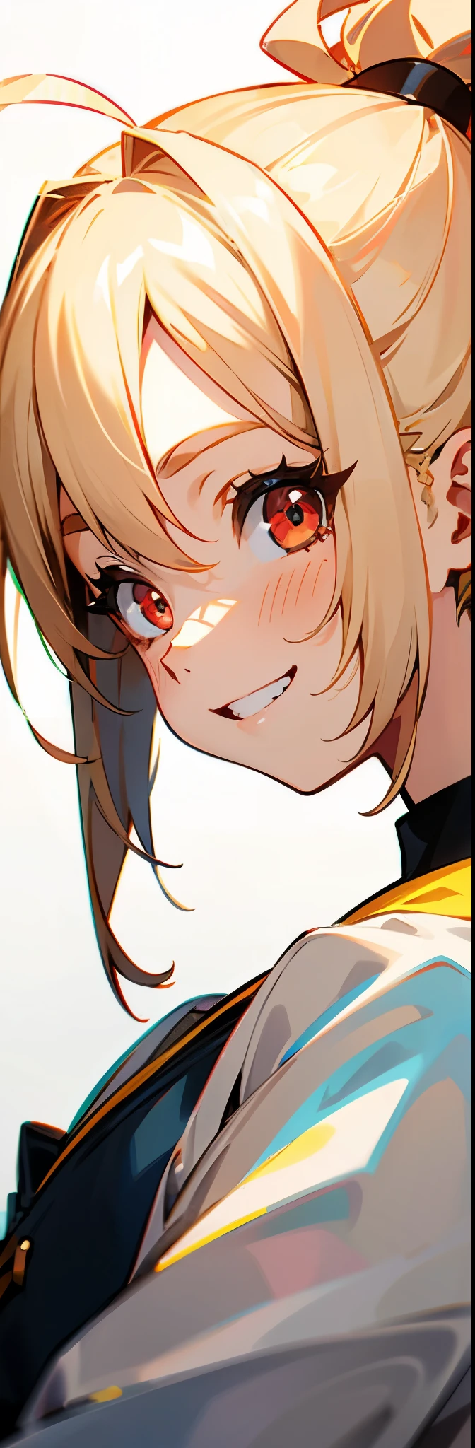 1 girl、Anime Images、blonde、ponytail、Round red eyes、Ahoge、Grin、From the side、Upper body close-up