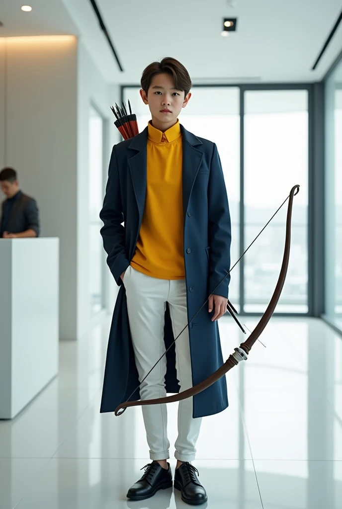 Elf, Young, Male, Use Bow, Dark Blue coat, White pant, Black shoes, Bright Yellow Shirt, In Office