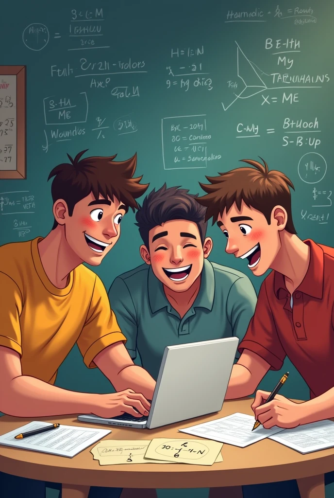 3 friend solving mathematics question on table and they are happy and laugh during study, one friend is on laptop and other two are on paper.
One friend is fatty and other .
Make pictures of three friends . All are male
They are laughing loudly 
