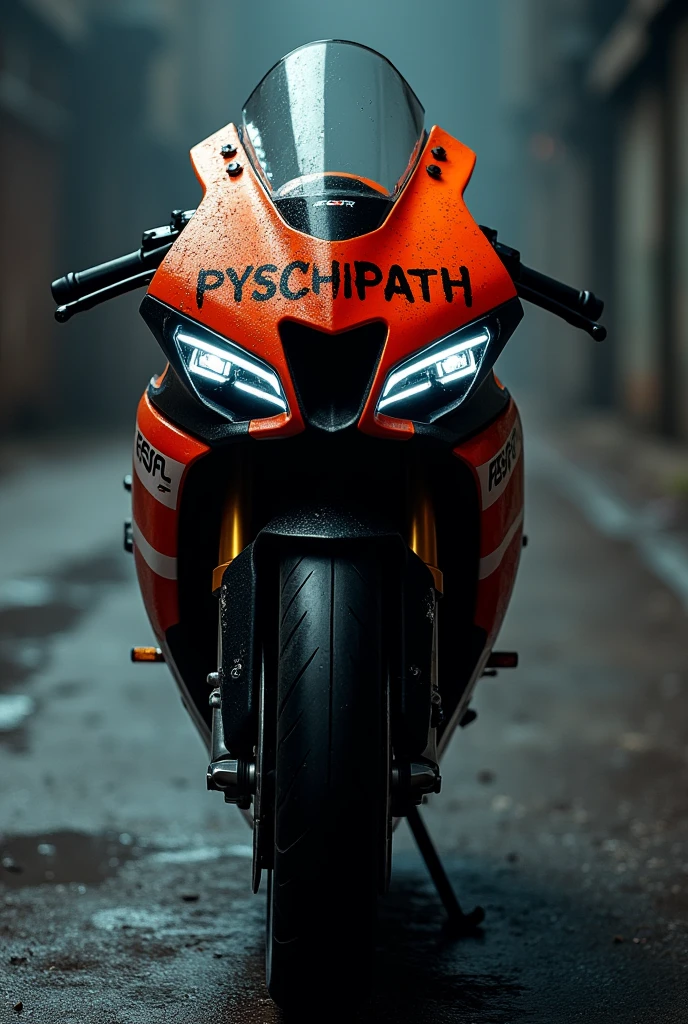 The CBR Repsol 1000rr motorbike has the word psychopath written on the hood