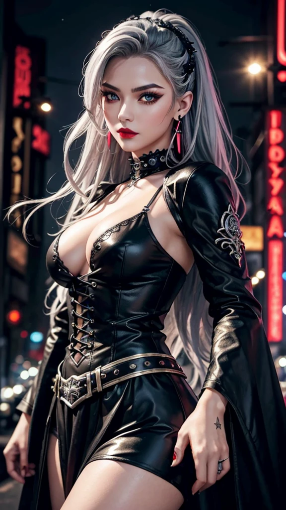 highest quality, masterpiece,Gray Hair, Silver Hair、Golden Eyes,gothic punk costume、look up,Hair bundle,Fair skin,(Realism:1.5、Realistic、Photorealistic)、black、Earrings、amount、Gothic Skirt、Goth_punk, One Woman、solo, ((Midnight、Neon Town)),  Look at the viewers,  Cute face、Portraiture, Side Lock、masterpiece、highest quality、Highest quality、Highest Resolution、Super detailed、Ultra-compact、Realistic textured face and body、Smaller breasts:1.3、Small waist、Deep red lipstick、Swollen eyes、Red eyeshadow、Dynamic Pose、Degrees of Freedom:1.8