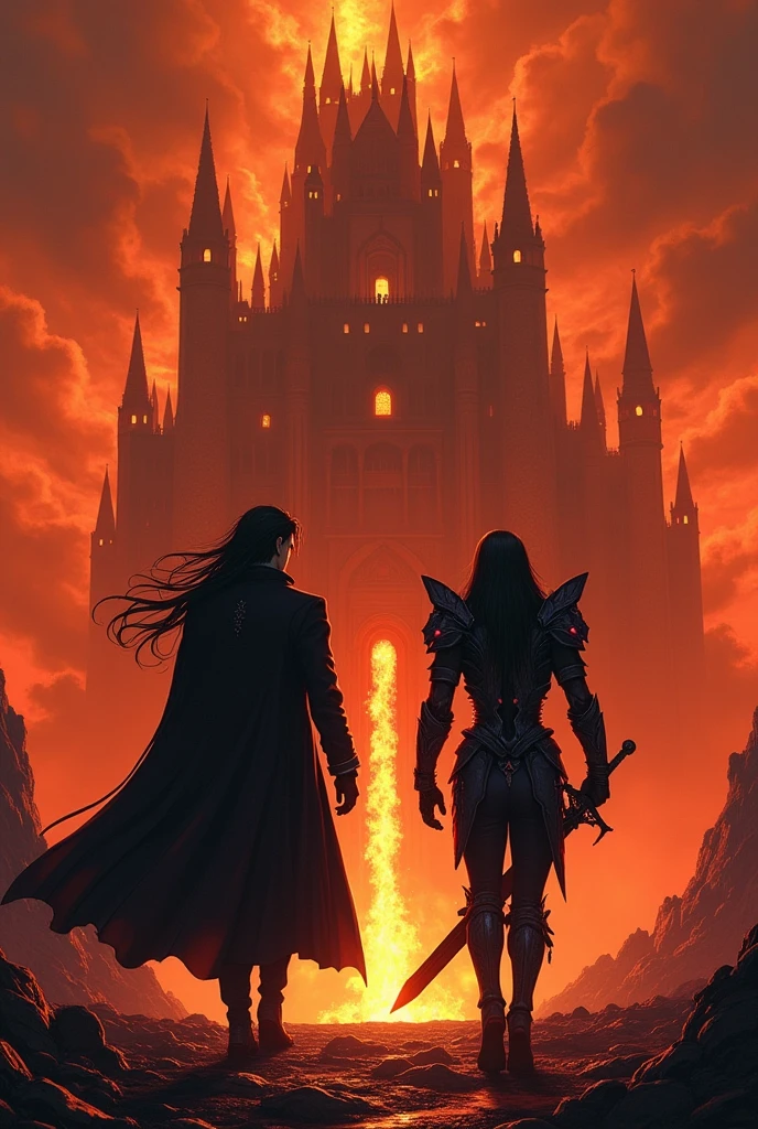 Voltex and Valis reach the front of a towering, imposing castle, their figures silhouetted against the blazing inferno of the molten wasteland. Voltex, in a long black coat and noble white shirt, with his flowing black hair and dark sword, exudes an air of calm and mysticism as he surveys the fiery expanse. Beside him, Valis, clad in gothic black armor with blood-red gemstones, grips his dark sword tightly. His red eyes gleam with malevolent energy. The heat from the flowing lava and the ominous glow of the castle combine to create a dramatic and intense atmosphere as they prepare for the final confrontation.