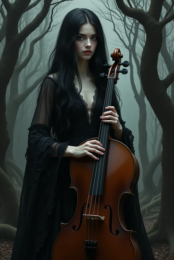 arafed woman in black dress holding a cello in a forest, a portrait inspired by Franz von Lenbach, deviantart contest winner, gothic art, lori earley, ebony rococo, black metal rococo, cello, victorian goth, victorian gothic, gothic maiden, classical witch, black rococo, monia merlo, in style of tom bagshaw