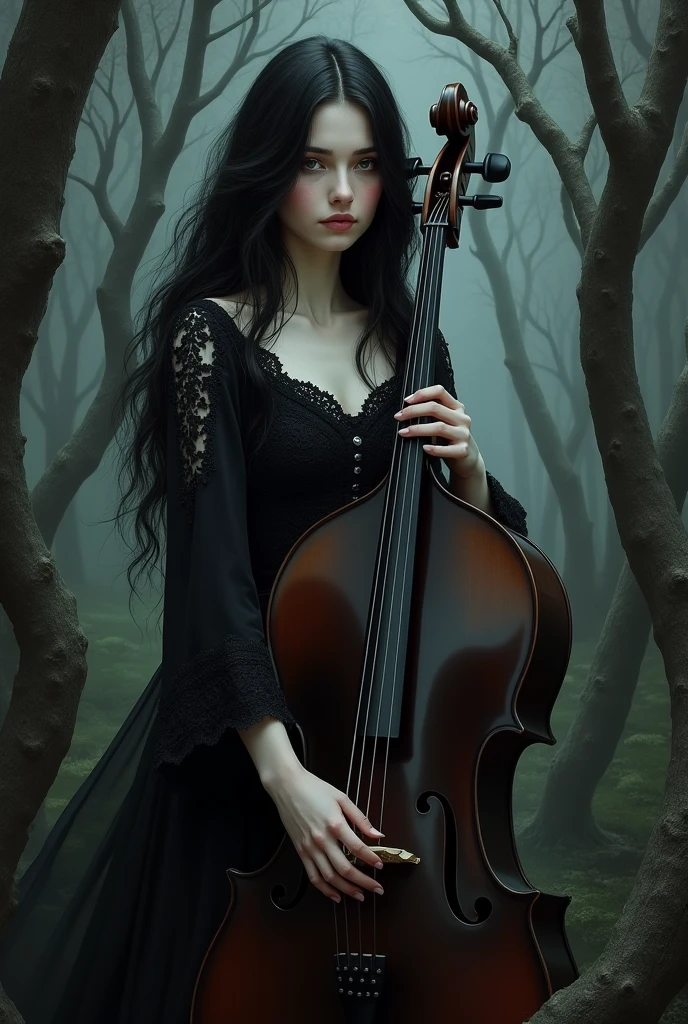 arafed woman in black dress holding a cello in a forest, a portrait inspired by Franz von Lenbach, deviantart contest winner, gothic art, lori earley, ebony rococo, black metal rococo, cello, victorian goth, victorian gothic, gothic maiden, classical witch, black rococo, monia merlo, in style of tom bagshaw
