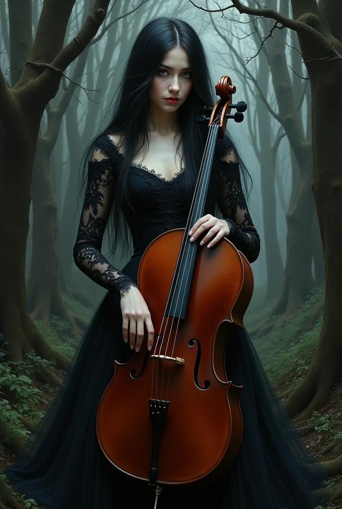 arafed woman in black dress holding a cello in a forest, a portrait inspired by Franz von Lenbach, deviantart contest winner, gothic art, lori earley, ebony rococo, black metal rococo, cello, victorian goth, victorian gothic, gothic maiden, classical witch, black rococo, monia merlo, in style of tom bagshaw