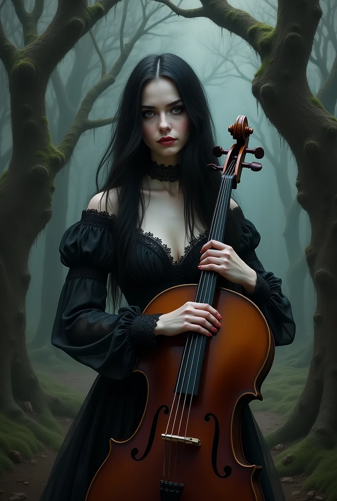 arafed woman in black dress holding a cello in a forest, a portrait inspired by Franz von Lenbach, deviantart contest winner, gothic art, lori earley, ebony rococo, black metal rococo, cello, victorian goth, victorian gothic, gothic maiden, classical witch, black rococo, monia merlo, in style of tom bagshaw