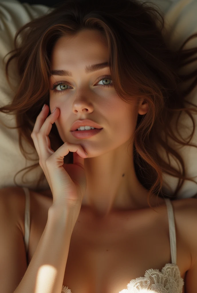 ((long shot))femme réaliste texture de peau détaillée, Beaux traits du visage, long cils, lèvres brillantes, doigts délicats, silhouette élégante, literie de luxe en soie, éclairage doux, composition cinématographique, Couleurs vives, Photoréaliste, 8k, Haute qualité