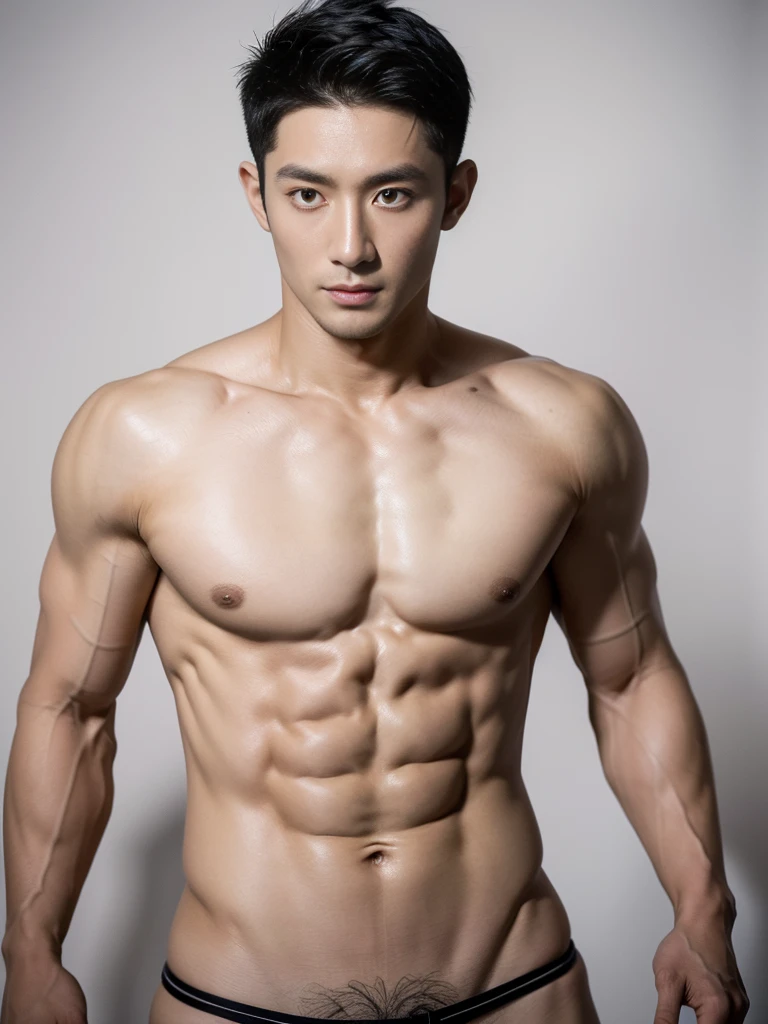 Chinese male actor in a micro thongs, handsome Chinese guy, handsome man, Full Body Shoot, photoshoot, portrait, look at camera, detailed facial parts, lifted arms, Manly, Charmer, Active Boy, standing, top tied up with rope, rope bondage, strangled with rope, harness, wrapped in leather straps, anguished expression, perfect anatomy, symmetric body, asian boy 30years old, shirtless :: high detail, asian, a little six packs attractive body, realistic, human skin, Short Hairstyle, handsome chad chin, shirtless, handsome, attractive, slightly muscular man, masculine, sexually attractive, human skin, (eyes contact), Handsome, Attractive, bulge in briefs, The crotch is raised