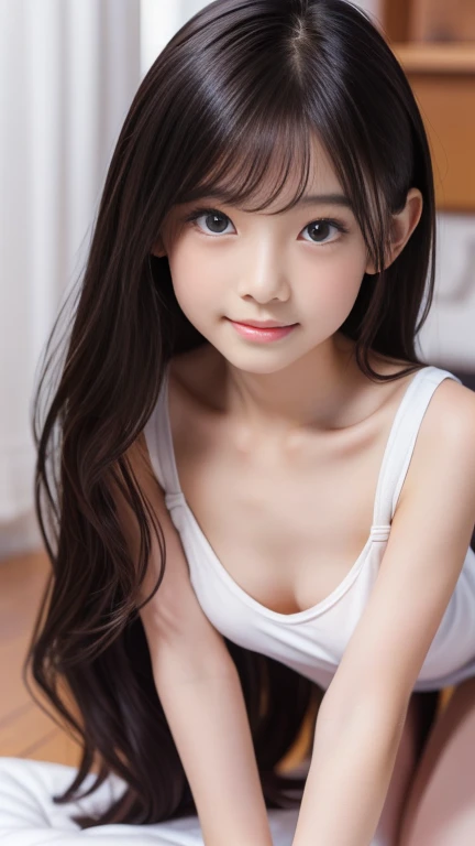 (high-definition CG unified 8K wallpapers)、(巨作)、(Top image quality)、(ultra-definition)、(Best Illustration)、(The best shadow)、(Realism:1.4)、(PureFace_v1:0.5)、Real human skin、lense flares、Sunnyday、Back lighting、many flowers、Natural sun light、Hard Focus、Deep Focus、((non-blur))、(gaze at the viewer)、Shot from a low position、Knee shot、1人、(Younger than 12 ld)、独奏、Sunburned skin、Petite and thin girl、Beautiful fingers in every detail、Glossy ordinary nails、thin thigh、(Very young Japan beautiful girl)、small nostrils、A clean and healthy smile、(Smile)、Soft lips、pale cherry colored lips、(Bright eyebrows: 1.4)、shiny large black eyes、Chest flat、(flat chests: 1.4)、(medium or semi-long black hair,:1.1)、(Beautiful girl with cute loli face:、cute and big eyes、(The corners of the mouth rise:1.4)、((Raise your hand to show your beautiful armpits clearly))、Triangular sitting with open feet、facing front、lightly clothed、(1 light white camisole)、Skin shines through clothing、Clothes are soaked and see-through、lightly clothed、((light colored short spats that are thin and fairly tight:1.2))、plump round face、Sky with beautiful details、Summer coast、(smile shy:1.8)、cheeks are reddened、Eyes for hollow details、Floating hair、large eyes that are symmetrical、Protrusions、hair clips、Rat trail section、Inside the thigh、Hamstring、No face makeup、No makeup、No shoulder-to-arm clothing、Cool colored outfits for summer、