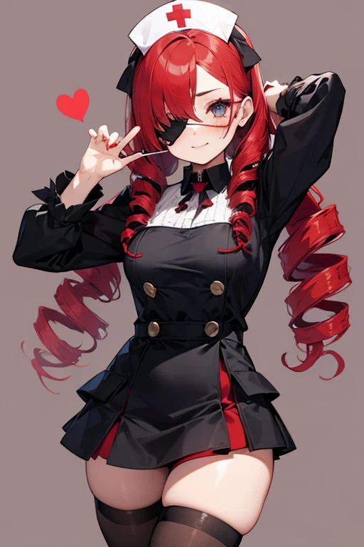 Cute Girls Gothic Nurse Clothing Red hair Drill Hair Eye patch Devil's Wings tooth Background white Upper Body Anime Style sd One person front Big Tits