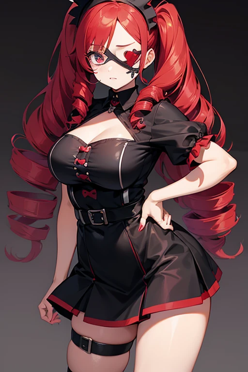 Cute Girls Gothic Nurse Clothing Red hair Drill Hair Eye patch Devil's Wings tooth Background white Upper Body Anime Style sd One person front Big Tits