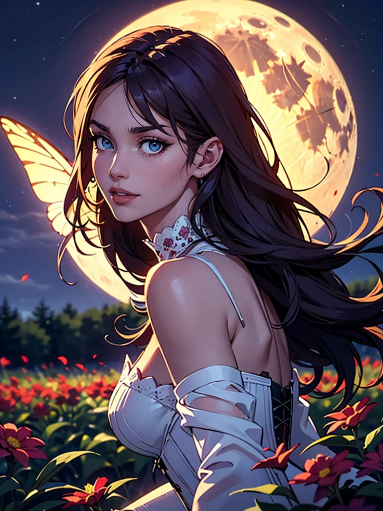 high details, best quality, 16k, RAW, [best detailed], masterpiece, best quality, (extremely detailed), full body, ultra wide shot, photorealistic, dark fantasy art, goth art, RPG art, D&D art, a picture of a dark female fairy resting in a flower meadow, extremely beautiful fairy, ultra feminine (intense details, Masterpiece, best quality), best detailed face (intense details, Masterpiece, best quality), having wide butterfly wings butterfly_wings, spread butterfly wings (intense details, Masterpiece, best quality: 1.3), (purple: 1.5) colors wings (intense details, Masterpiece, best quality), (dark red) hair, long hair, shinning hair, flowing hair, shy smile, innocent smile, (blue: 1.3) eyes, dark blue lips, wearing (white: 1.3) dress latex corset (intense details, Masterpiece, best quality), dynamic elegant shirt, chocker, wearing (red: 1.3) high heels, in various shades of red colored flower meadow (intense details, Masterpiece, best quality), (red flowers: 1.2) , (black flowers: 1.2), (white flowers: 1.2), (blue flowers: 1.3) [extreme many flowers] (intense details, Masterpiece, best quality), dark colorful flowers (intense details, Masterpiece, best quality), flower meadow in a dark goth field background, night time, moon rising, dim light, cinematic light, High Detail, Ultra High Quality, High Resolution, 16K Resolution, Ultra HD Pictures, 3D rendering Ultra Realistic, Clear Details, Realistic Detail, Ultra High Definition, #chinese cloth, dungeons and dragons, DonMDr4g0nXL