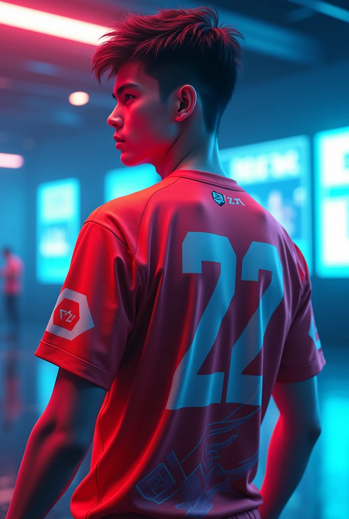 A young man wearing esports jersy with a name "K Λ Z Ξ" at the back.