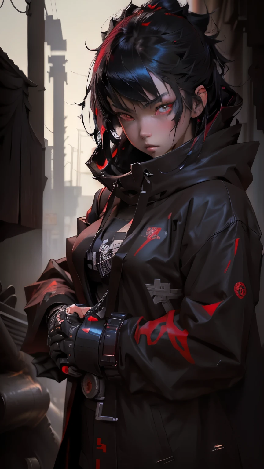anime, anime girl, black hair, red eyes, black coat, red gloves, badass anime 8 k, inspired by Yamagata Hiro, artwork in the style of guweiz, an edgy assassin, anime cyberpunk art, epic anime style, by Kamagurka, cyberpunk anime girl in hoodie, with red glowing eyes, anime style 4 k,