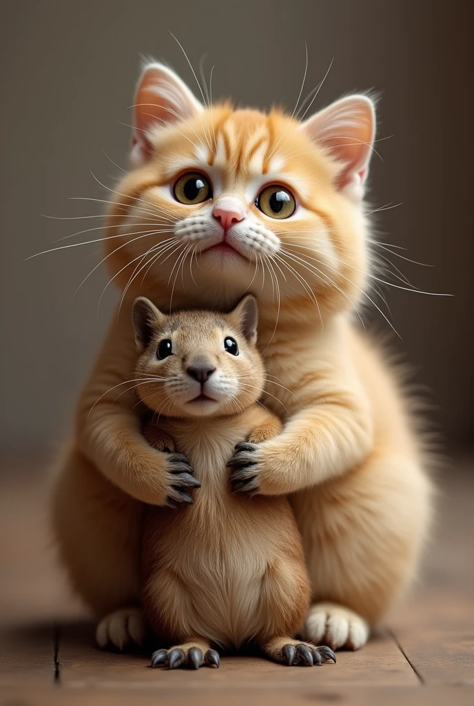 A cat holding a small capybara