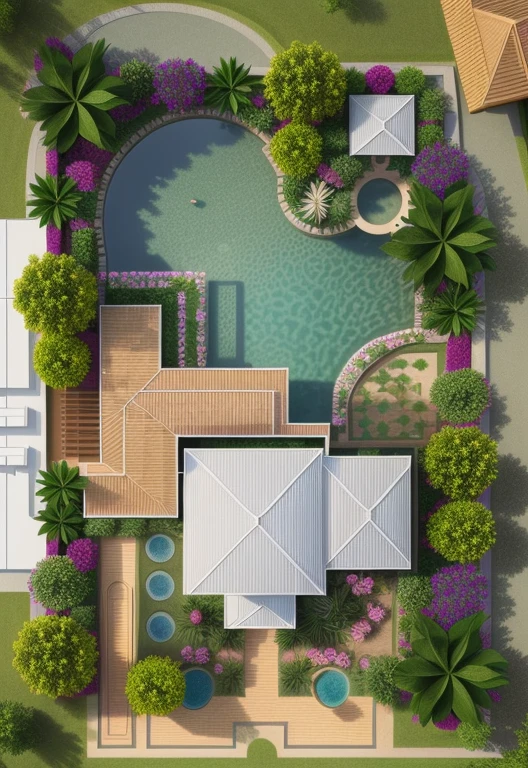 a drawing of a garden with a pond and a house, with a fishpond and courtyard, colorful architectural drawing, architectural illustration, complex and detailed, very detailed design, aerial illustration, detailed digital illustration, 2 d axonometric overhead view, high detail illustration, aerial perspective, residential design, really detailed, detailed design, impossibly detailed, insanly detailed