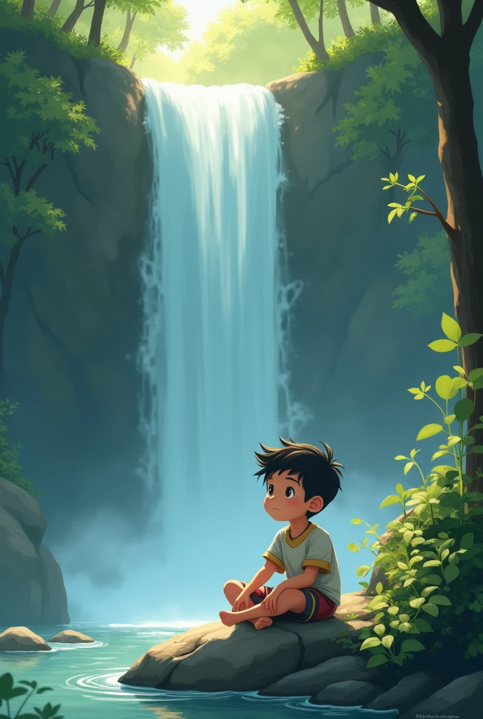 A boy sitting in chair and background name is suraj , waterfall