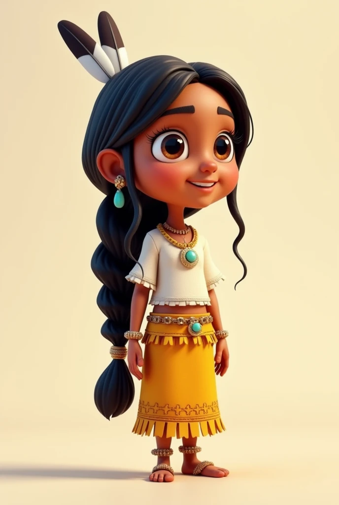 3d cartoon drawing, Native American with black hair in a side braid and two feathers on her head, white blouse and yellow skirt with Inca details