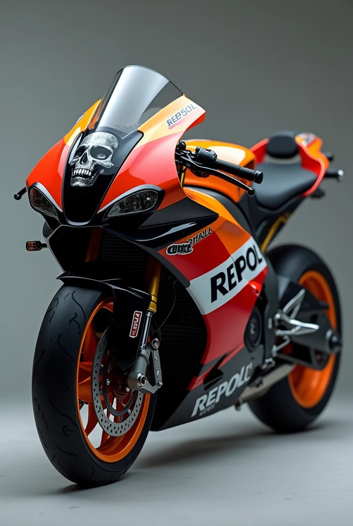 Motor CBR Repsol 1000rr, there is a psychopath written on the hood of the motorbike and there is a picture of a skull on the hood of the motorbike