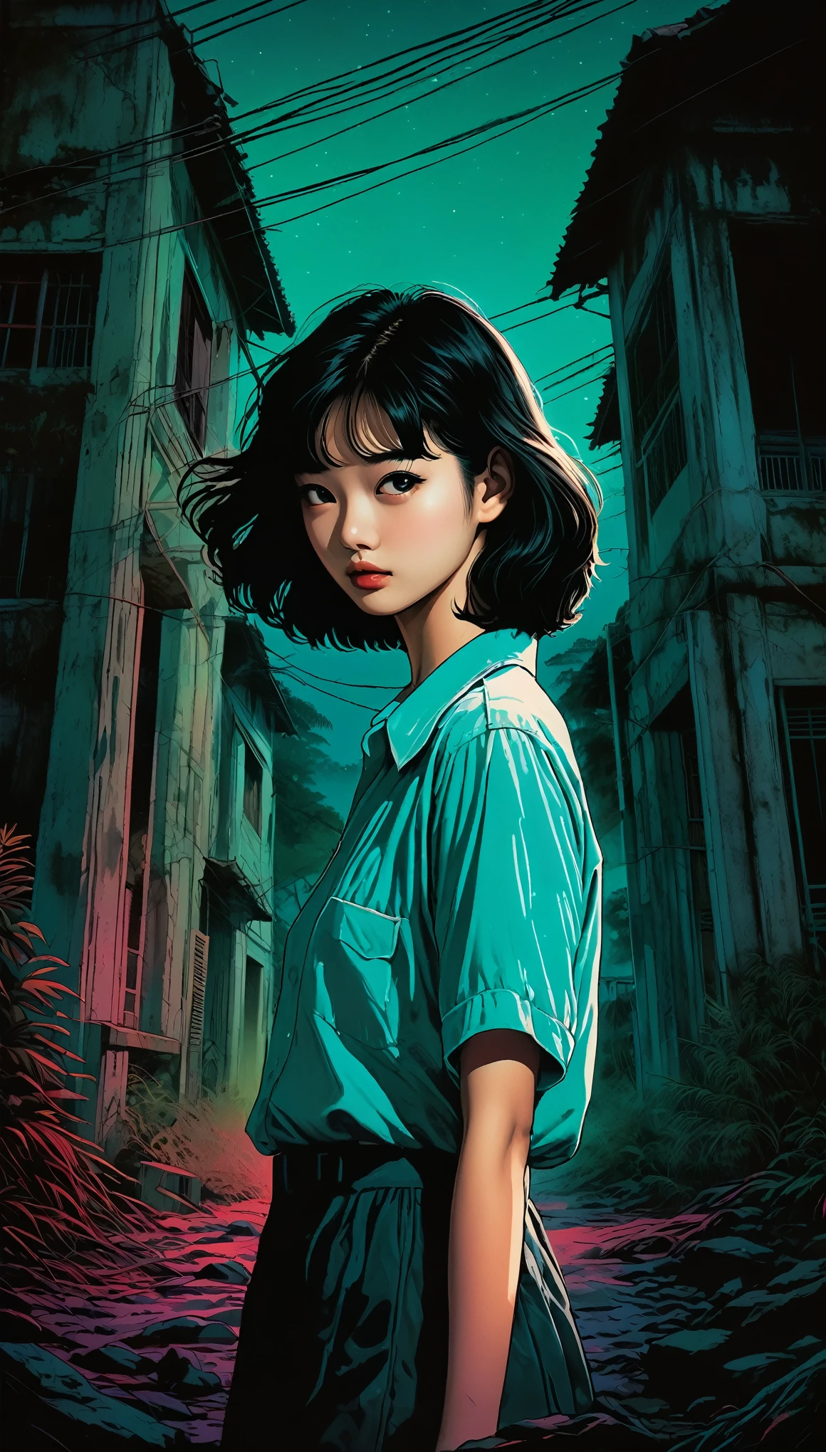 An illustration、art、80s Thai horror movie poster, Supervised by Junji Ito、(high school student:1.25)、night、ruins、Attention to detail, Realistic Shadows、Analog Style, chromatic aberration, Surrealism、Complementary Gradient