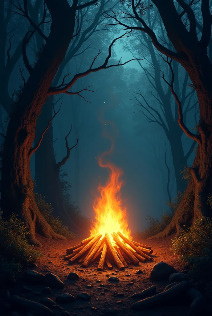 Realistic campfire in a dark and spooky forest
