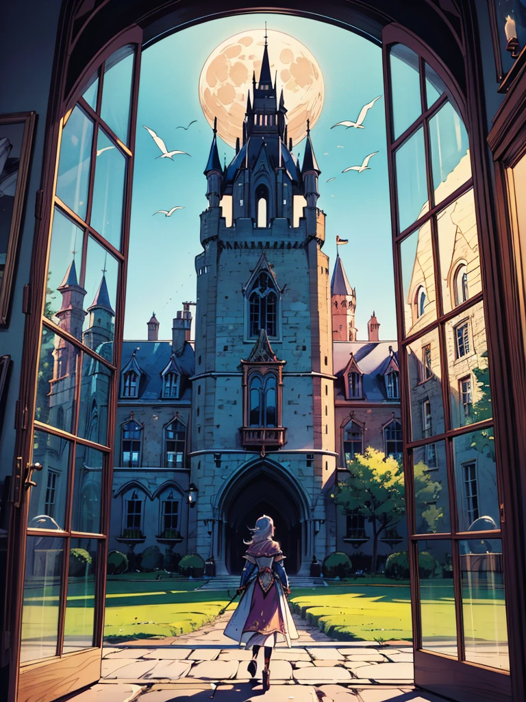 fantasy art, RPG art, a princess looking through her window at a magical castle, a beautiful elven princess looking through her window to see a magical castle, an impressive best detailed castle, with towers, bridges, a moat, standing on top of a mountain, moon,