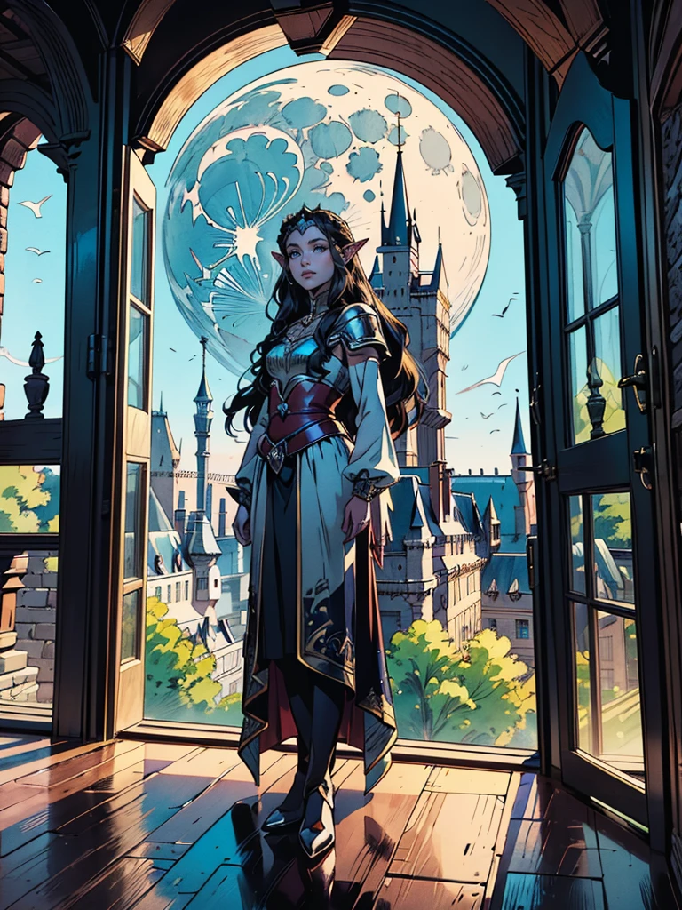 fantasy art, RPG art, a princess looking through her window at a magical castle, a beautiful elven princess looking through her window to see a magical castle, an impressive best detailed castle, with towers, bridges, a moat, standing on top of a mountain, moon, 