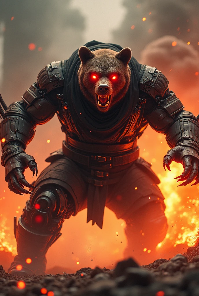 Angry ninja cyber bear with artificial eye red glare attacking in flames