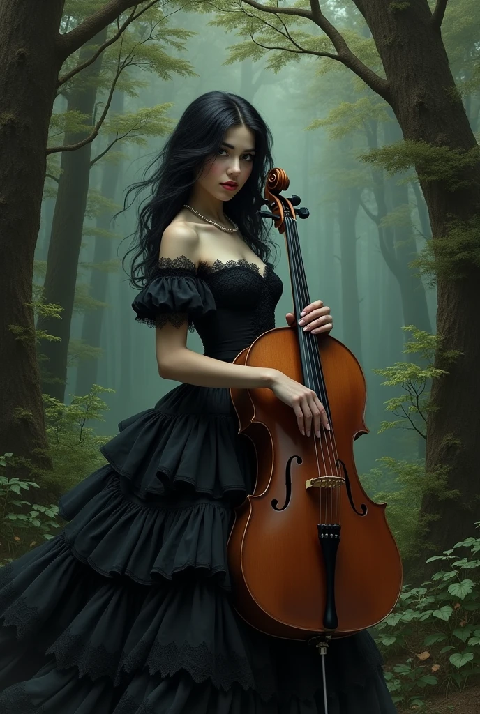 arafed woman in black dress holding a cello in a forest, a portrait inspired by Franz von Lenbach, deviantart contest winner, gothic art, lori earley, ebony rococo, black metal rococo, cello, victorian goth, victorian gothic, gothic maiden, classical witch, black rococo, monia merlo, in style of tom bagshaw