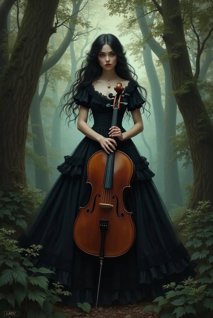 arafed woman in black dress holding a cello in a forest, a portrait inspired by Franz von Lenbach, deviantart contest winner, gothic art, lori earley, ebony rococo, black metal rococo, cello, victorian goth, victorian gothic, gothic maiden, classical witch, black rococo, monia merlo, in style of tom bagshaw